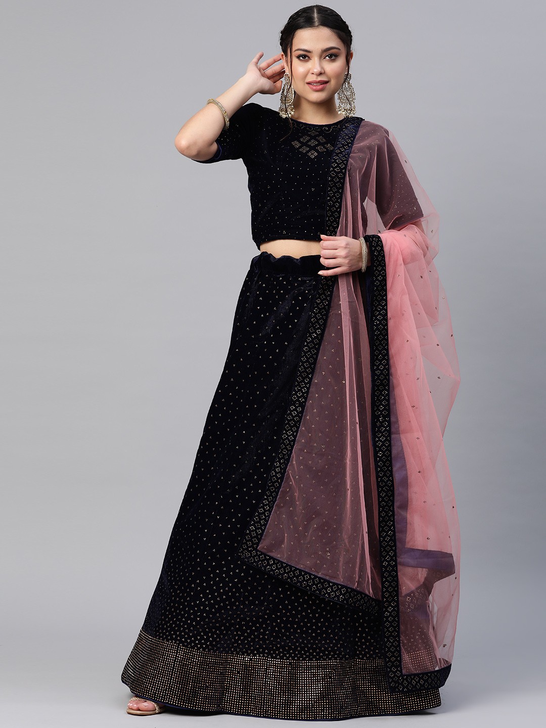 

CAMPAIGN TRENDS Embellished Beads and Stones Unstitched Lehenga & Blouse With, Navy blue
