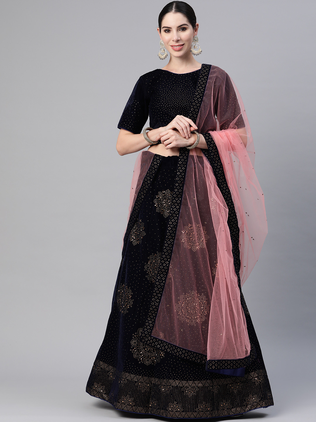 

CAMPAIGN TRENDS Embellished Beads and Stones Unstitched Lehenga & Blouse With, Navy blue