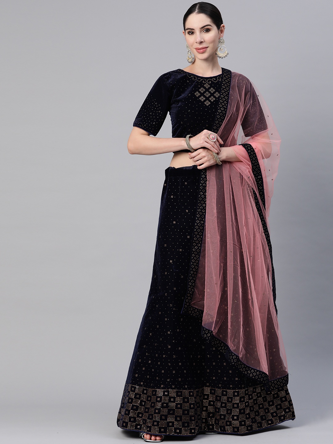 

CAMPAIGN TRENDS Embellished Semi-Stitched Lehenga & Unstitched Blouse With Dupatta, Navy blue