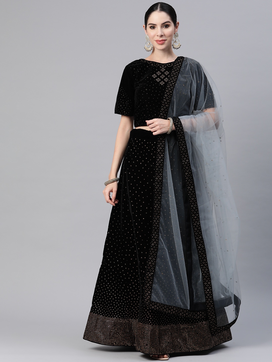 

CAMPAIGN TRENDS Embellished Beads and Stones Unstitched Lehenga & Blouse With Dupatta, Black