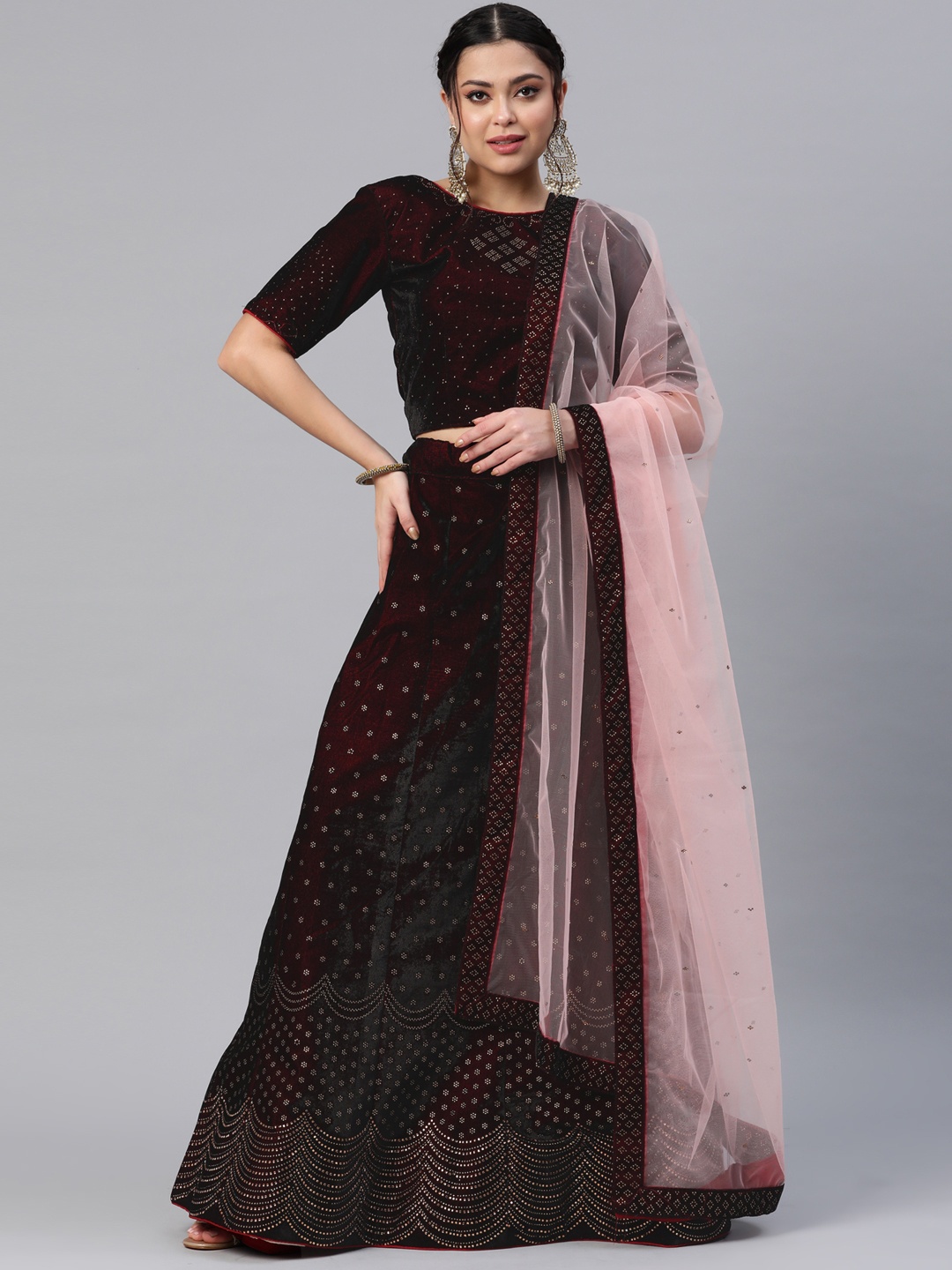 

CAMPAIGN TRENDS Embellished Semi-Stitched Lehenga & Unstitched Blouse With Dupatta, Maroon