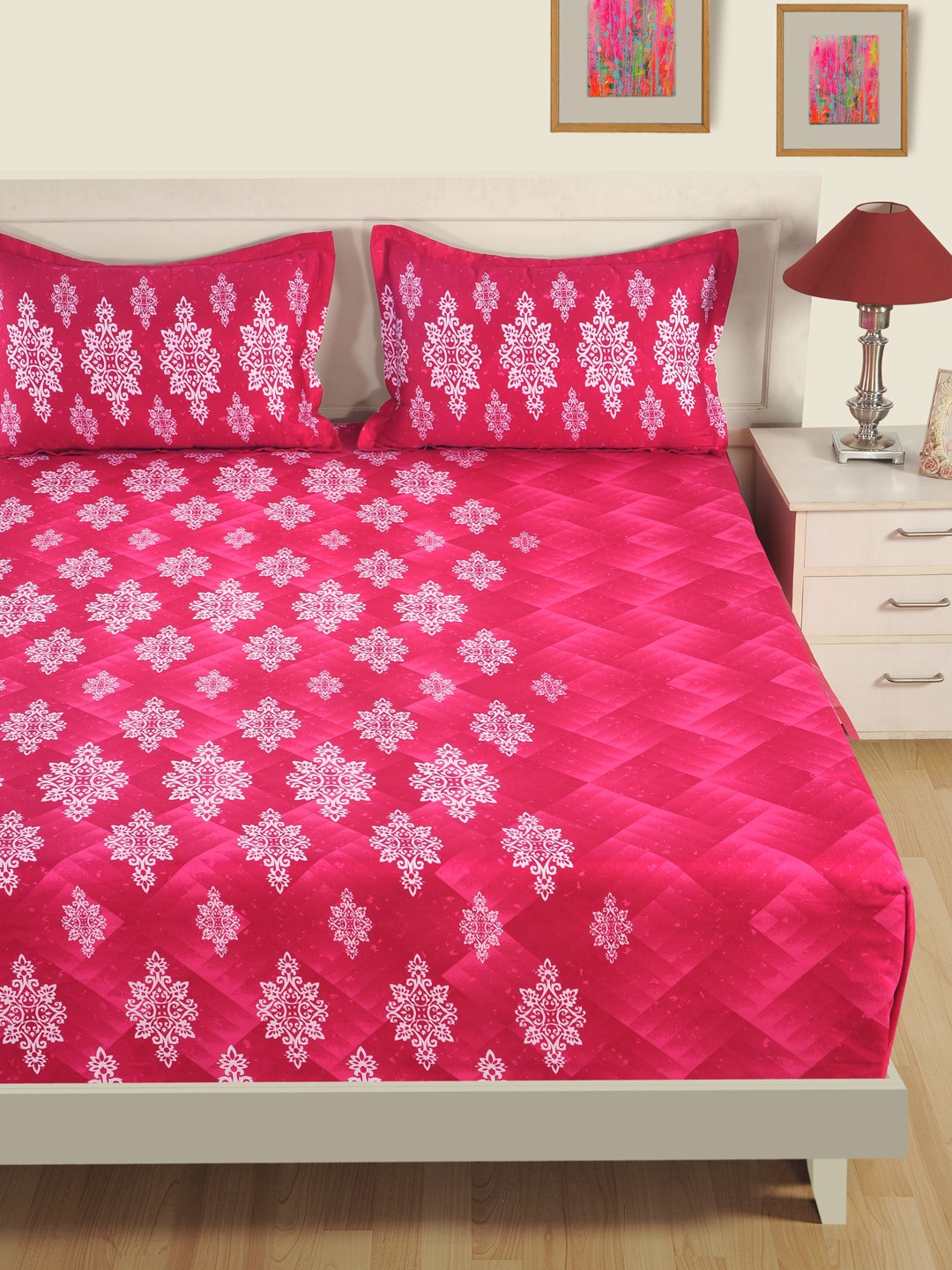 

SWAYAM Magenta & White Cotton 180 Fine TC Double King Bedsheet with 2 Pillow Covers