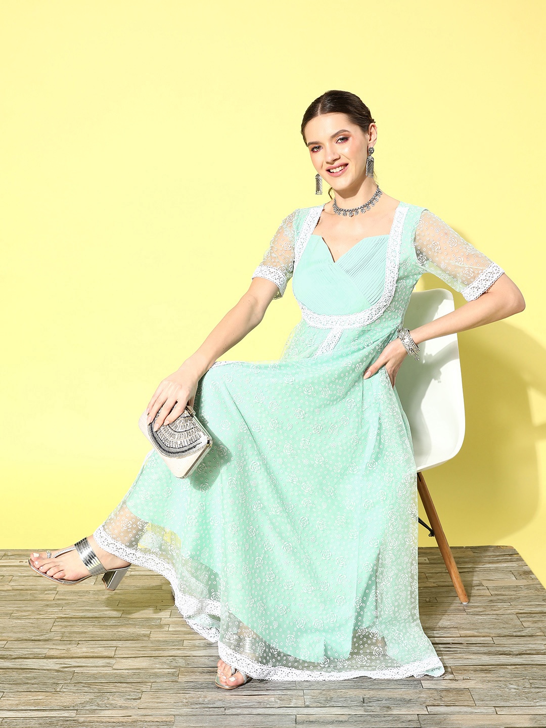 

Yufta Floral Net Ethnic A-Line Ethnic Maxi Ethnic Dress, Blue