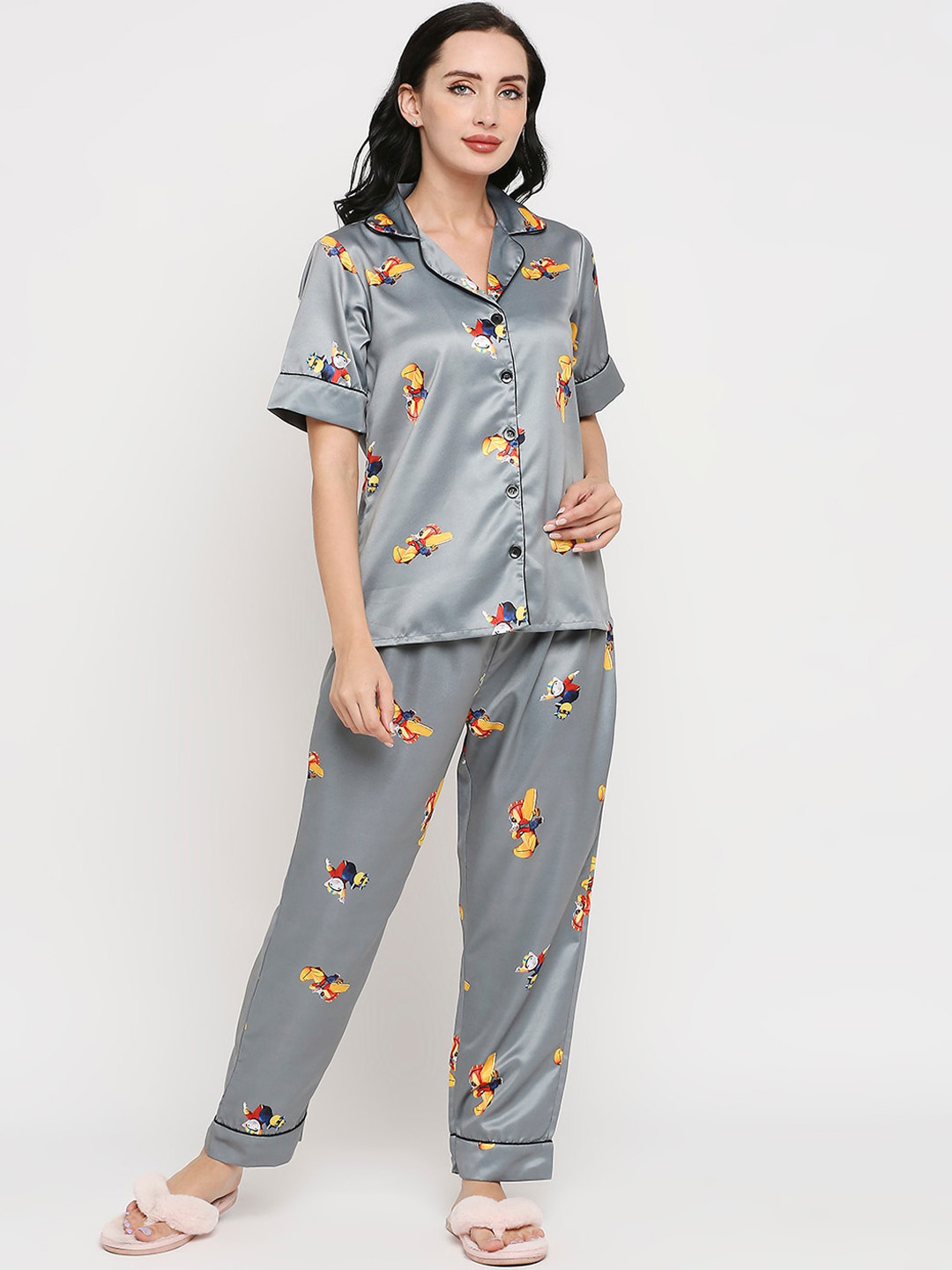 

Smarty Pants Women Cartoon Characters Printed Satin Night suit, Grey