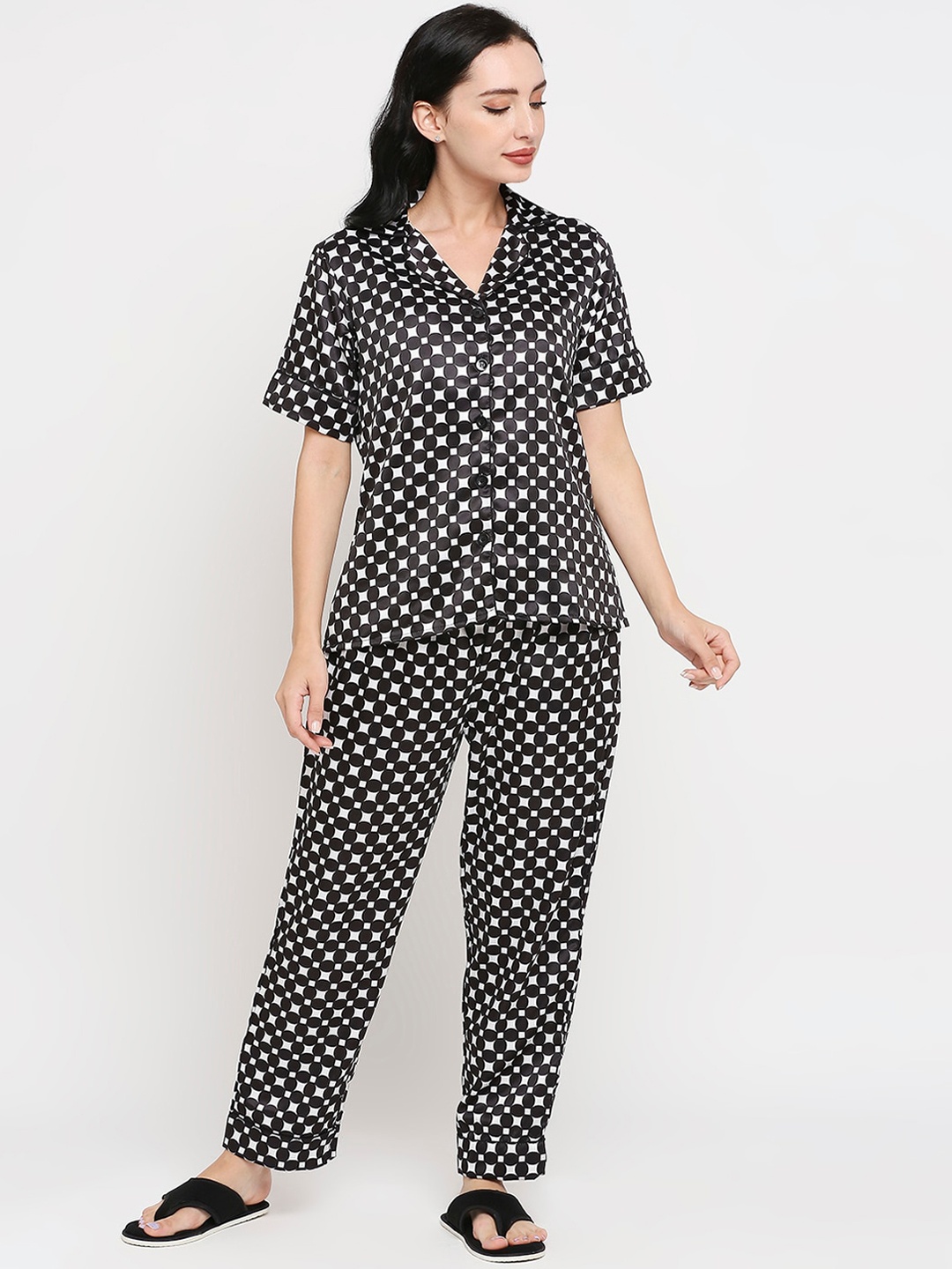 

Smarty Pants Women Geometric Printed Satin Night Suit, Black