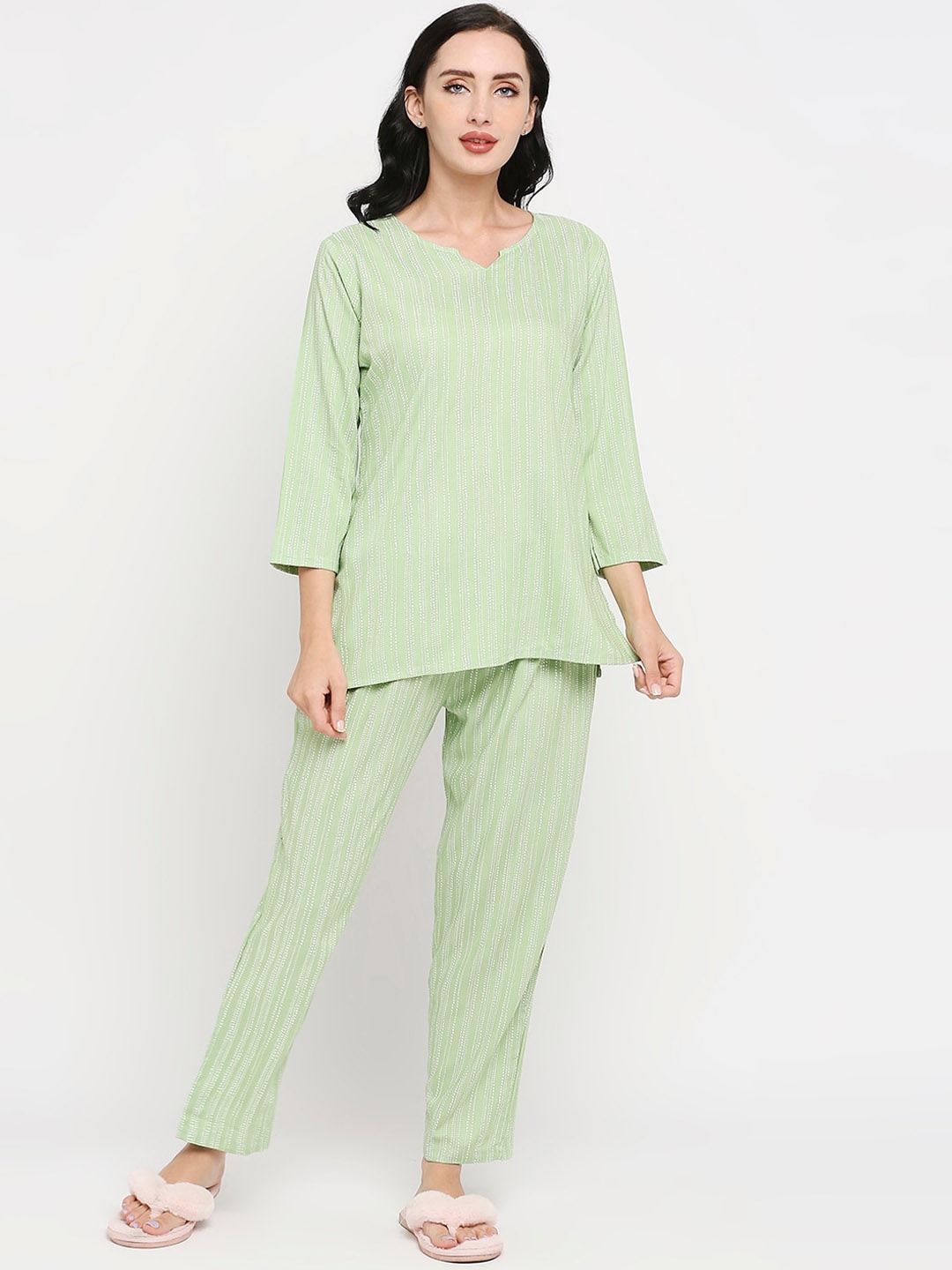 

Smarty Pants Women Striped Pure Cotton Night Suit, Green