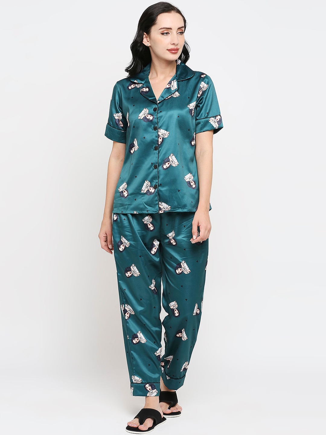 Smarty Pants Women Conversational Printed Satin Night Suit, Green