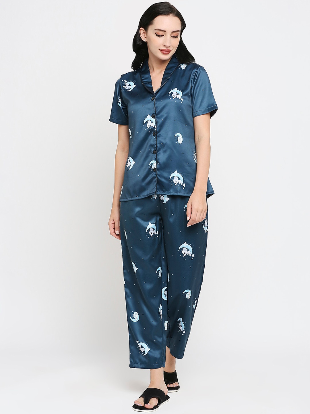 

Smarty Pants Women Conversational Printed Satin Night Suit, Teal