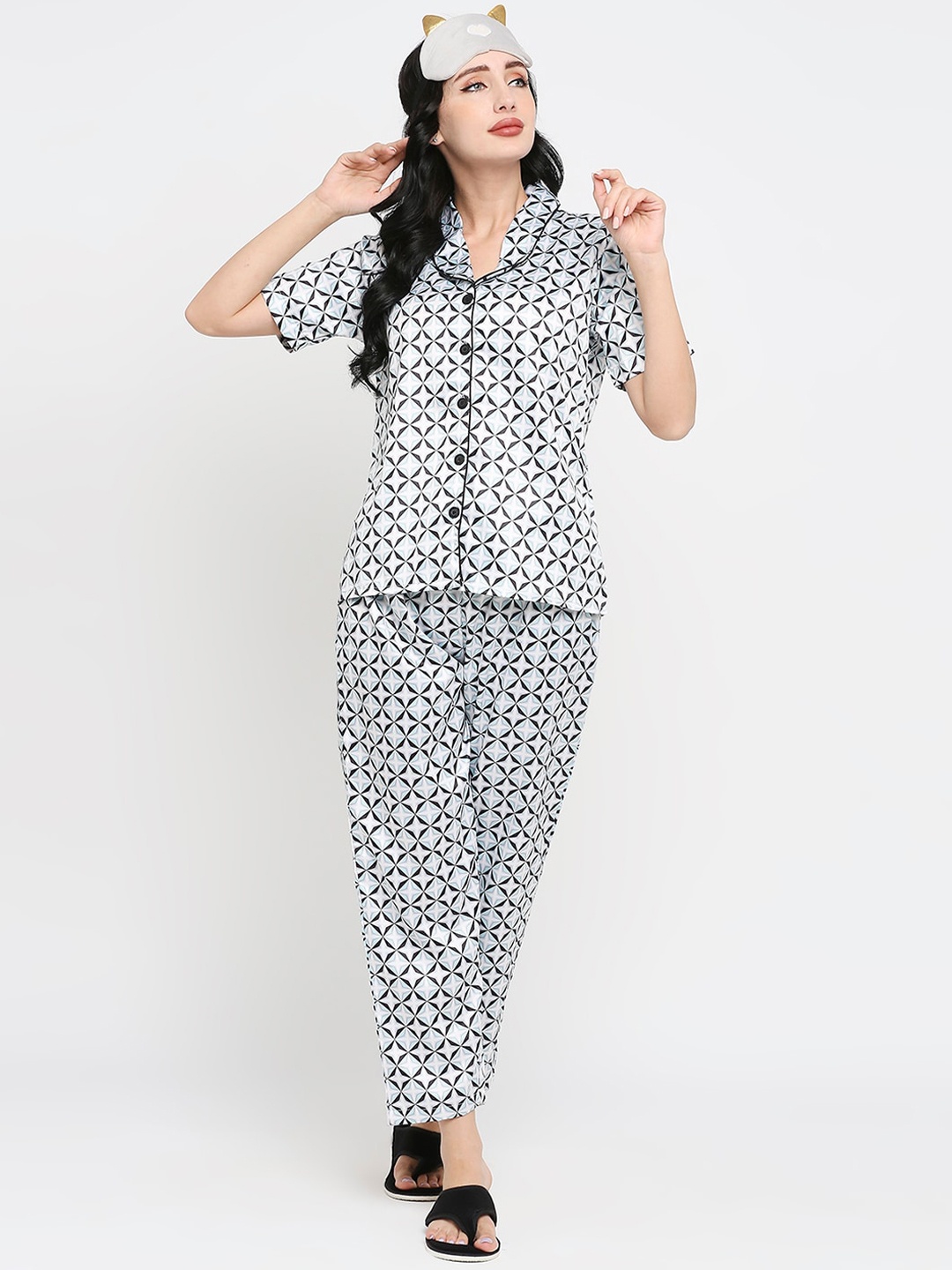 

Smarty Pants Women Geometric Printed Satin Night Suit, Black