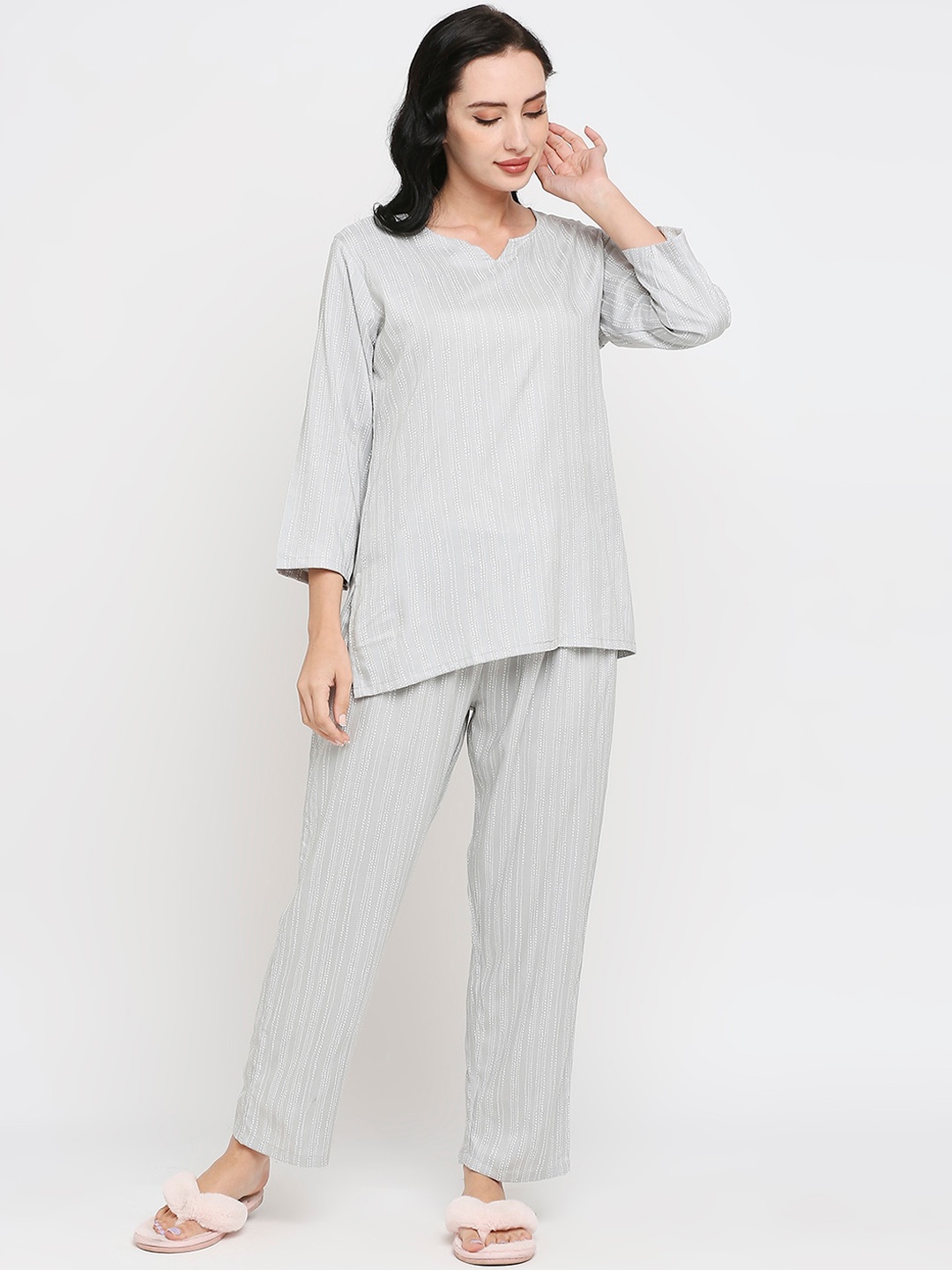 

Smarty Pants Women Striped Pure Cotton Night Suit, Grey