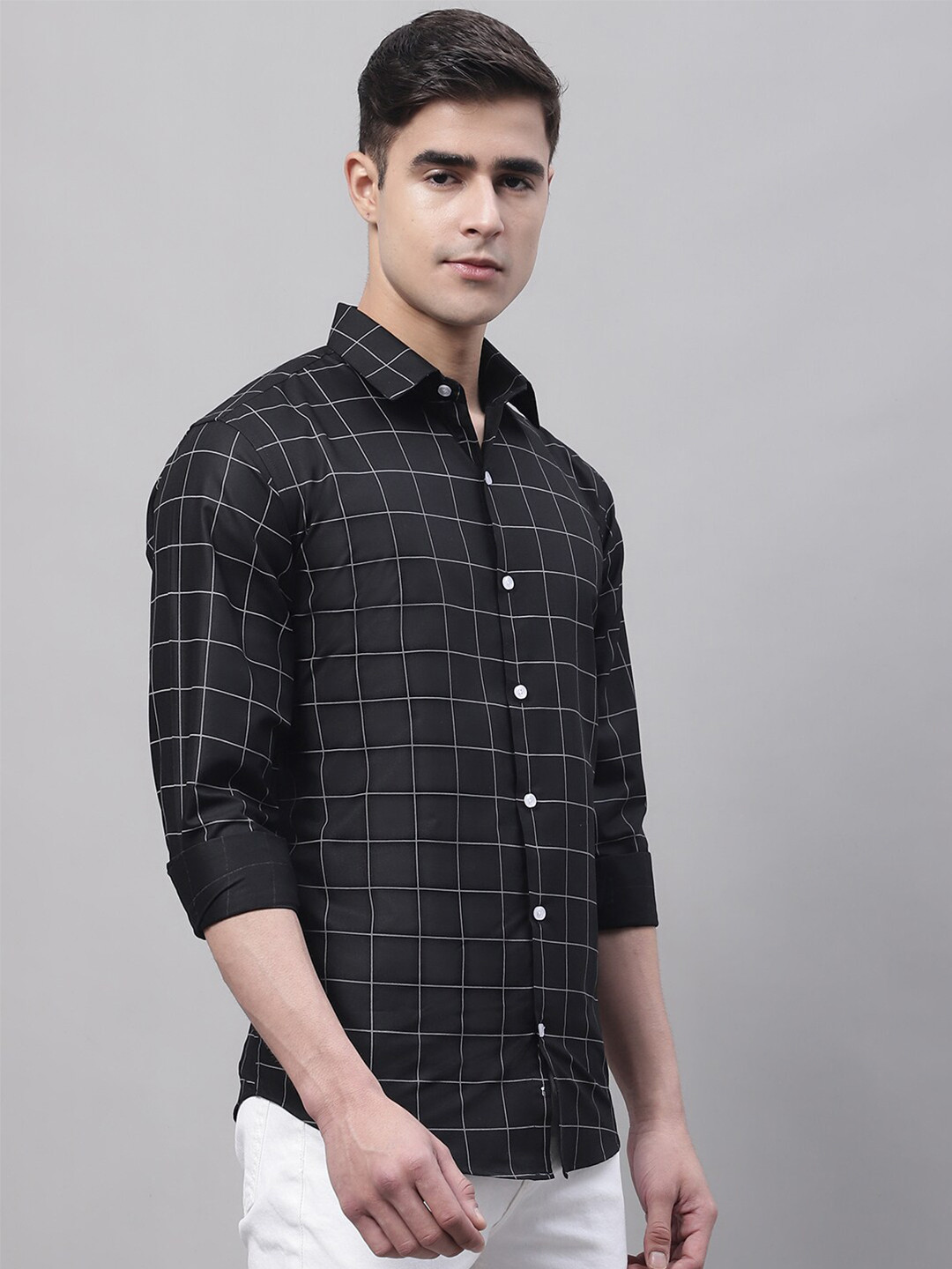 

JAINISH Men Classic Windowpane Checks Casual Pure Cotton Shirt, Black