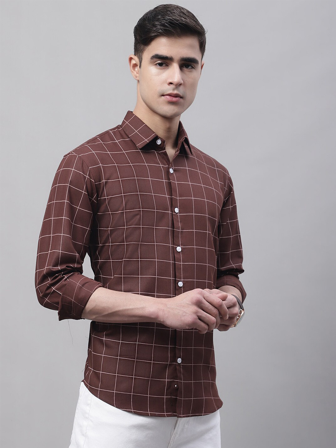 

JAINISH Men Classic Windowpane Checked Casual Cotton Shirt, Brown