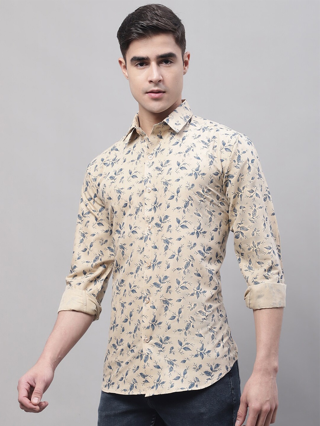 

JAINISH Men Classic Floral Printed Casual Cotton Shirt, Beige