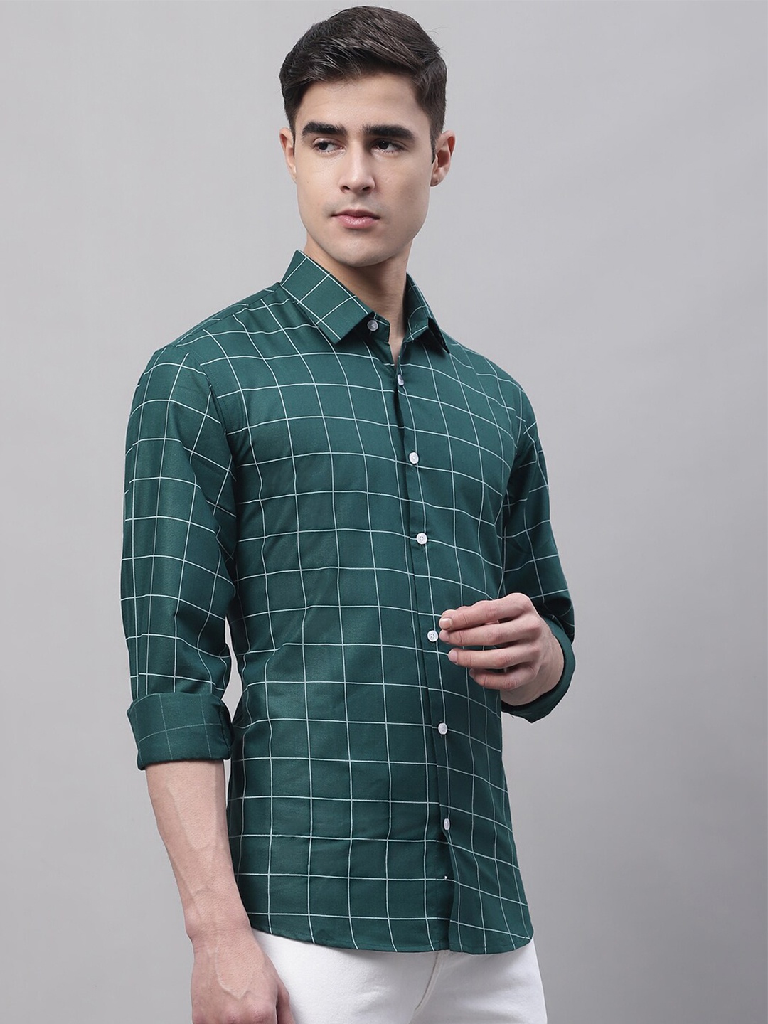 

JAINISH Men Windowpane Checks Pure Cotton Casual Shirt, Green