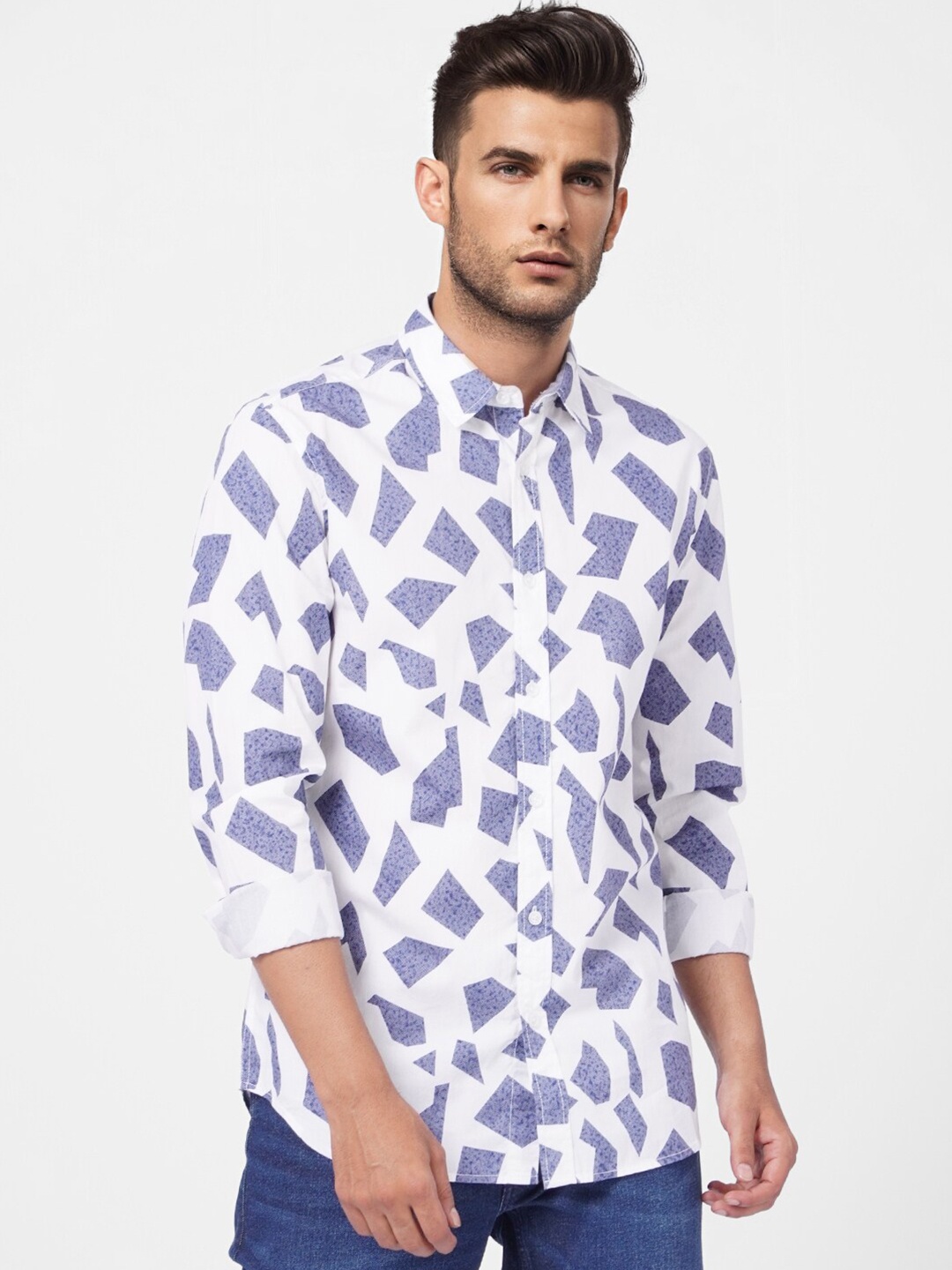

Jack & Jones Men Slim Fit Abstract Printed Casual Cotton Shirt, White