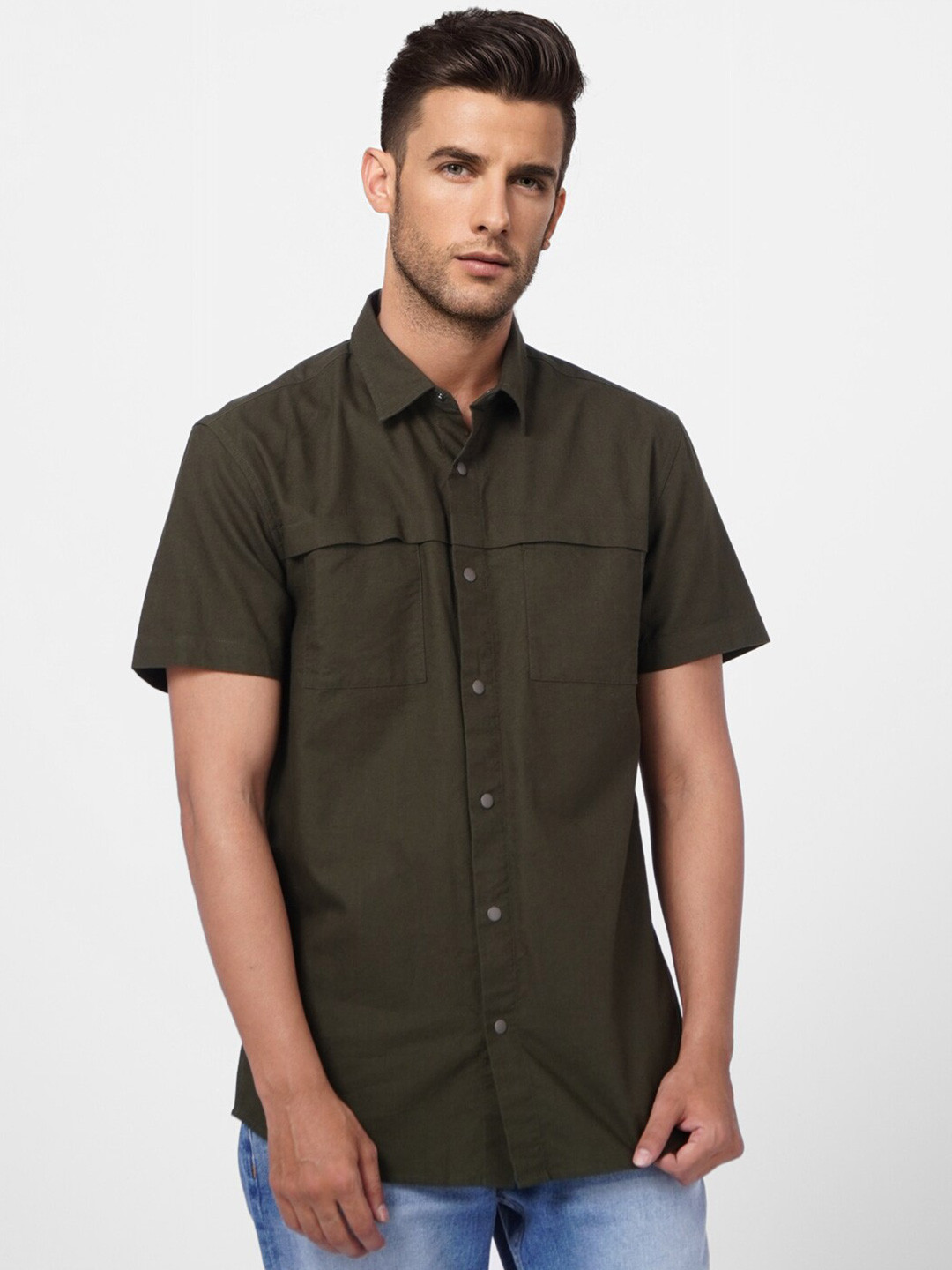 

Jack & Jones Men Spread Collar Casual Cotton Shirt, Olive