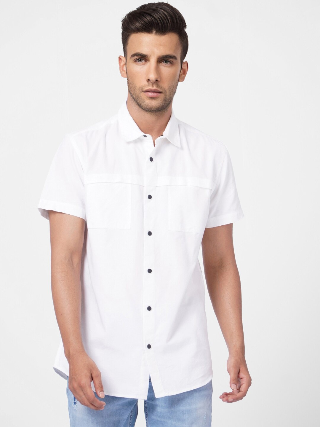 

Jack & Jones Men Spread Collar Casual Cotton Shirt, White