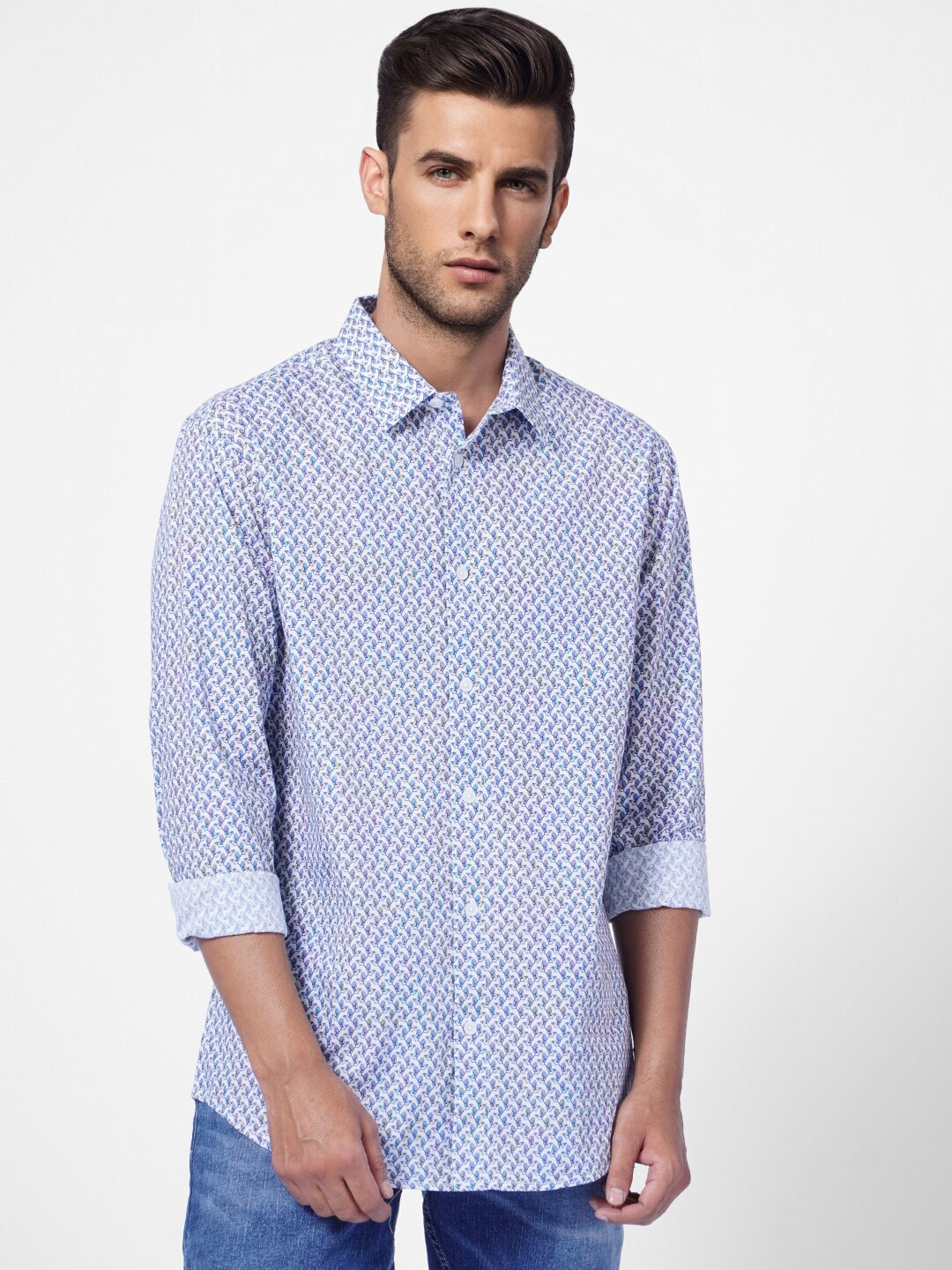 

Jack & Jones Men Slim Fit Micro Ditsy Printed Casual Cotton Shirt, Blue
