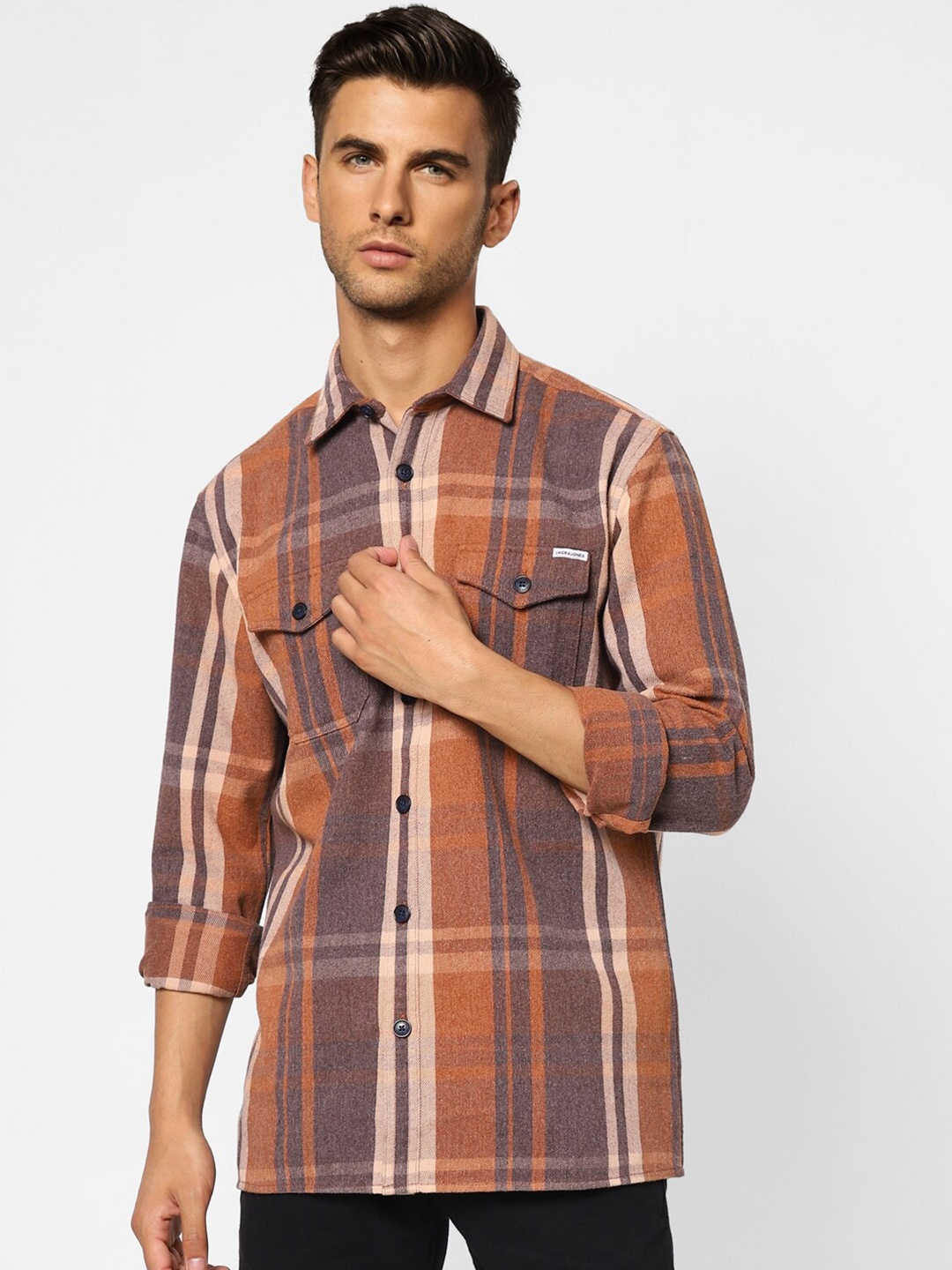 

Jack & Jones Men Tartan Checked Casual Cotton Shirt, Brown