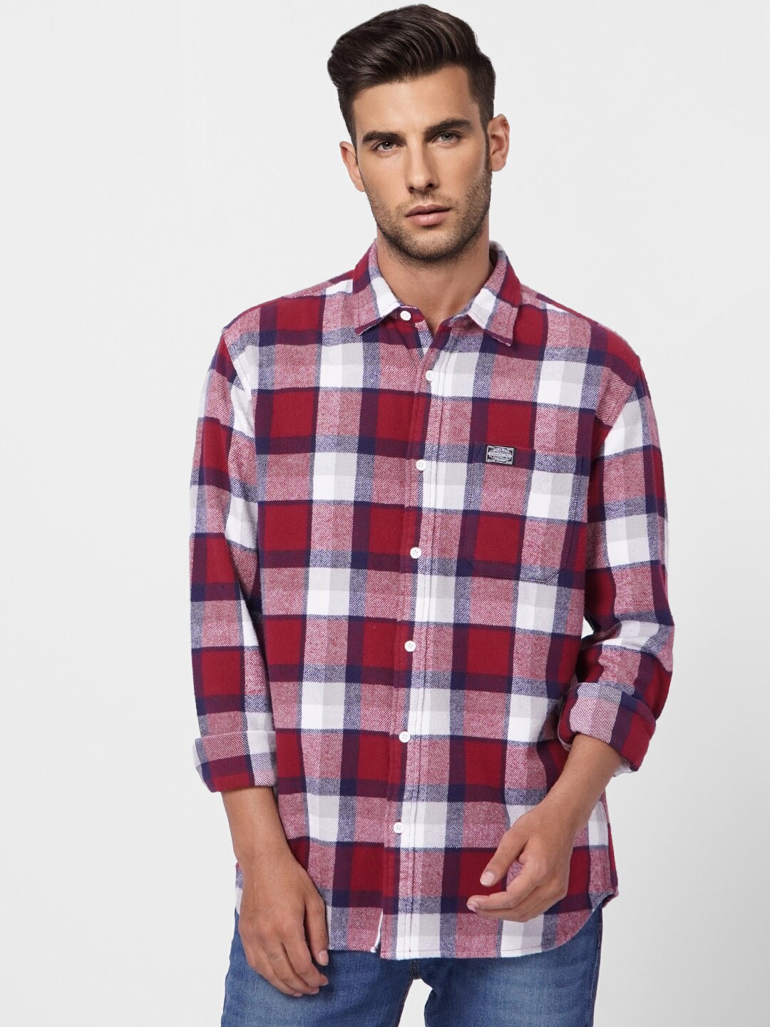 

Jack & Jones Men Tartan Checked Casual Cotton Shirt, Red
