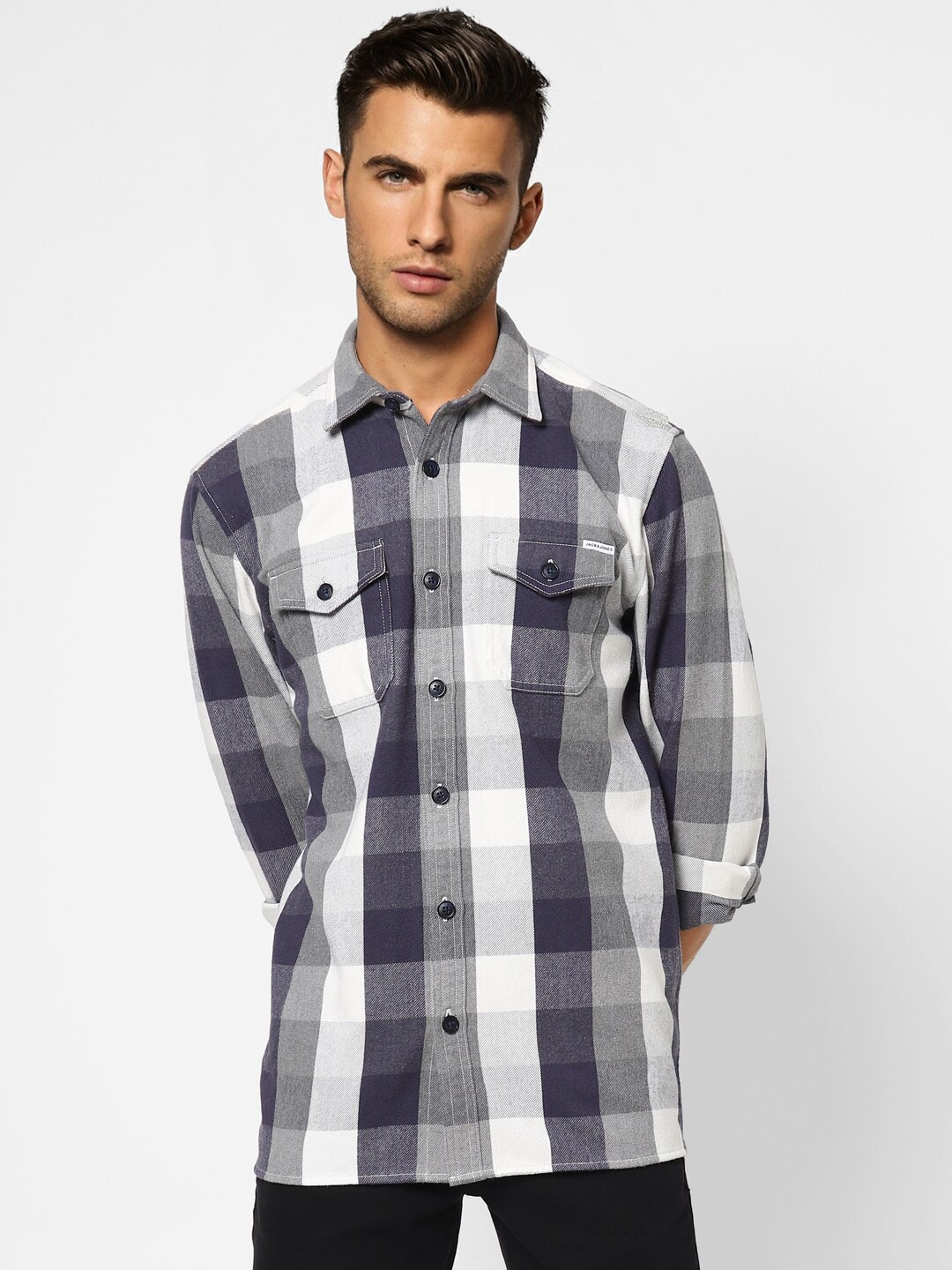 

Jack & Jones Spread Collar Buffalo Checked Casual Shirt, White
