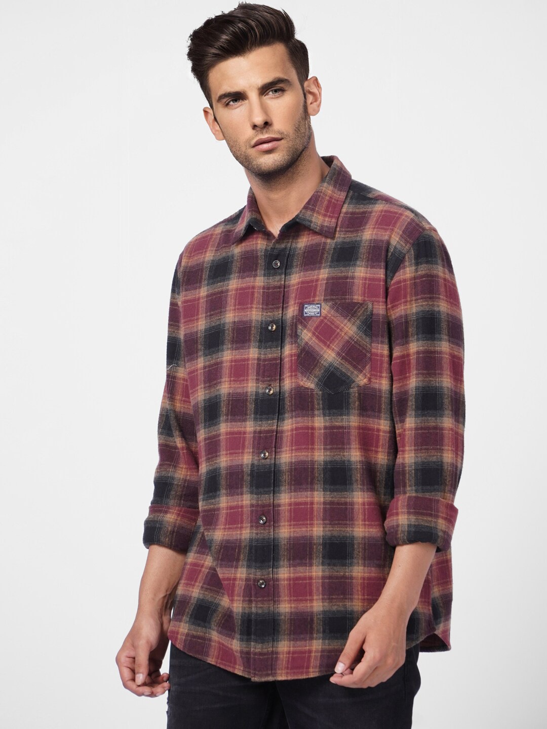 

Jack & Jones Spread Collar Tartan Checked Casual Cotton Shirt, Maroon