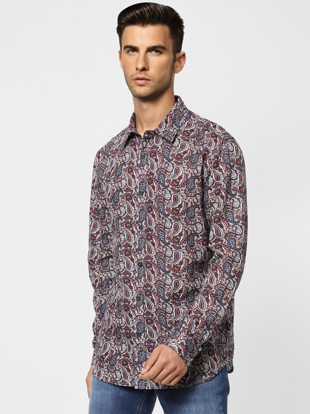 

Jack & Jones Men Ethnic Motifs Printed Cotton Casual Shirt, Grey melange