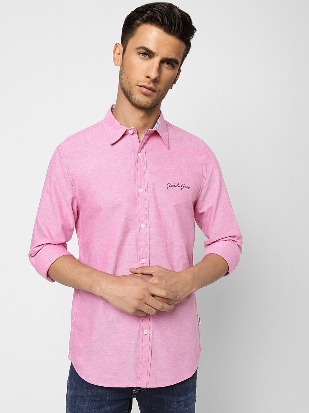 

Jack & Jones Men Spread Collar Casual Cotton Shirt, Pink