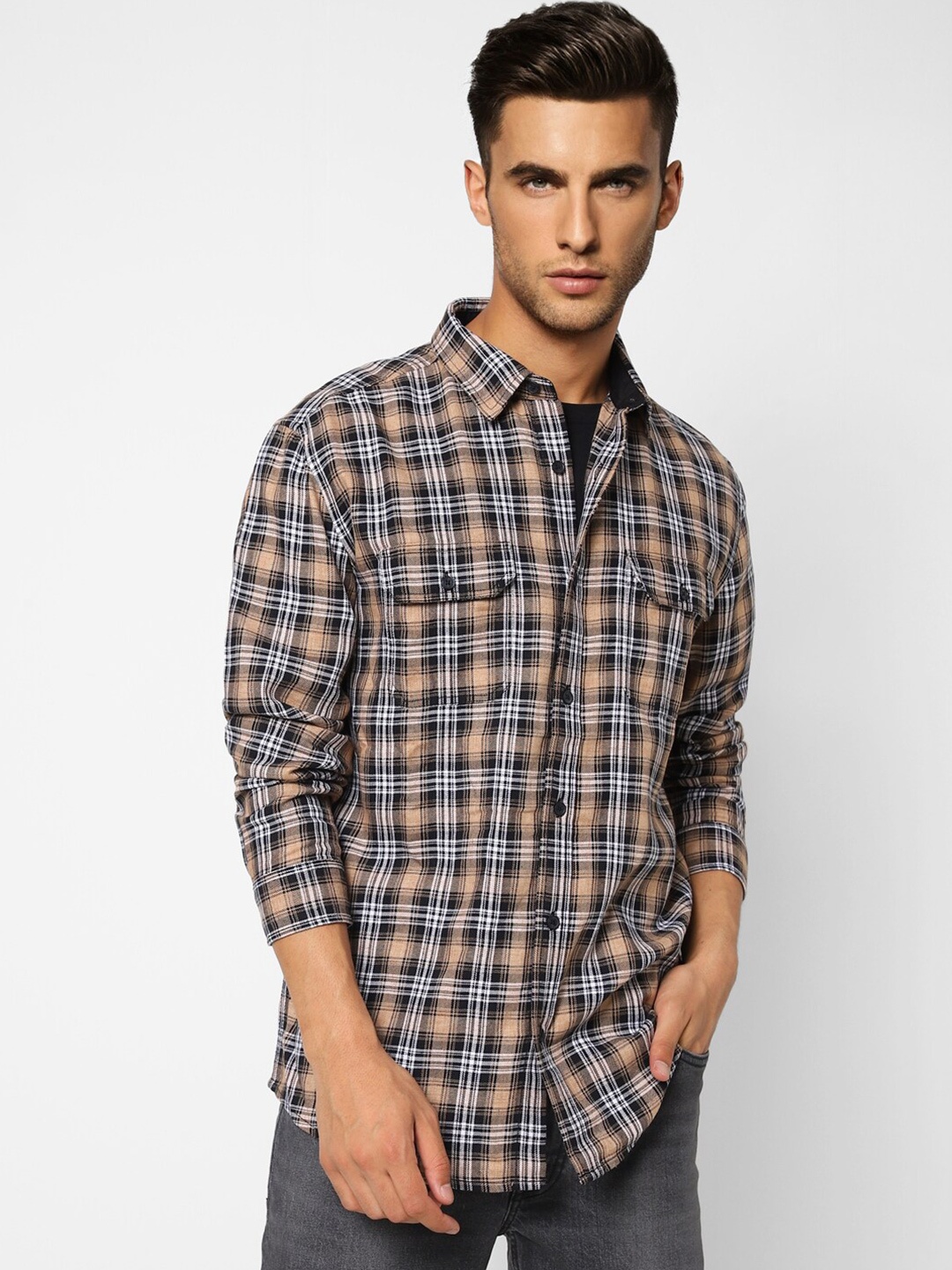 

Jack & Jones Spread Collar Regular Fit Checked Casual Cotton Shirt, Beige