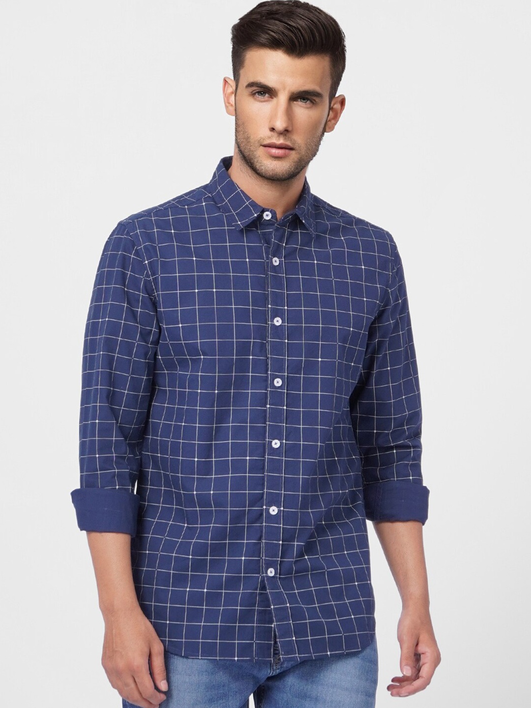 

Jack & Jones Men Grid Tattersall Checks Cotton Casual Shirt, Navy blue