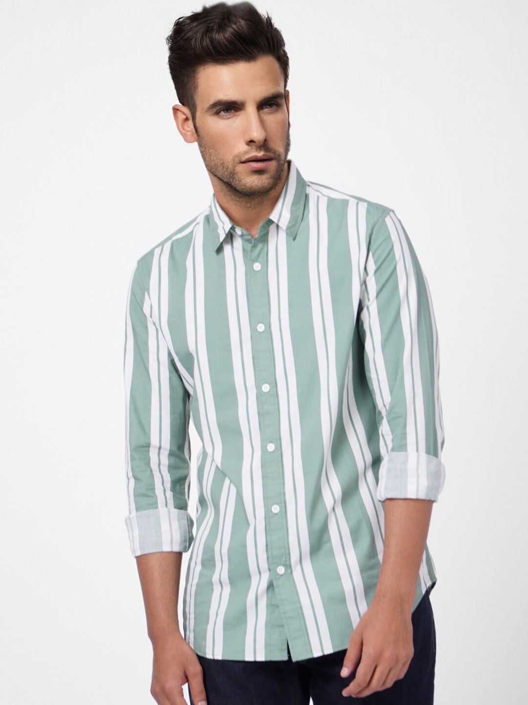 

Jack & Jones Men Vertical Stripes Casual Cotton Shirt, Green