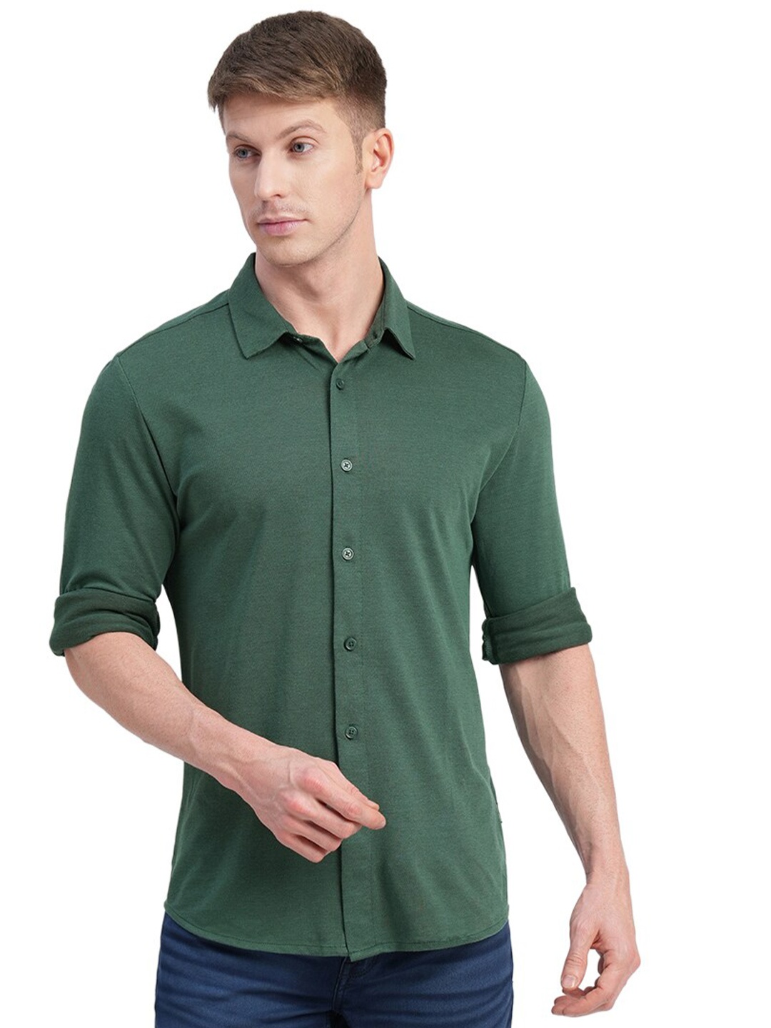 

Jack & Jones Men Spread Collar Cotton Slim Fit Casual Shirt, Green