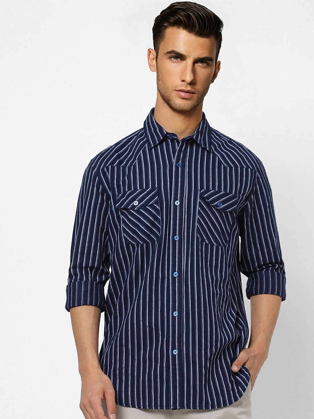 

Jack & Jones Men Striped Cotton Casual Shirt, Navy blue