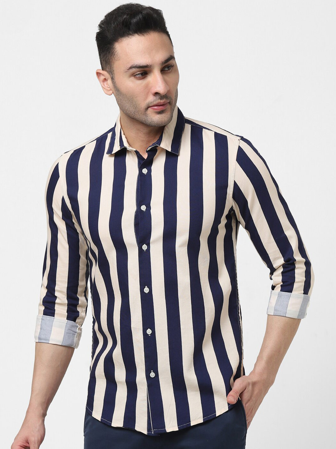 

Jack & Jones Men Vertical Striped Casual Cotton Shirt, Cream