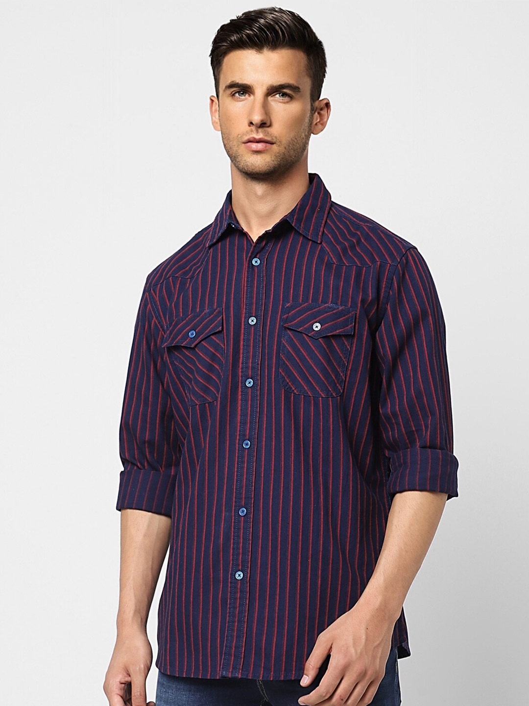 

Jack & Jones Men Striped Casual Cotton Shirt, Navy blue