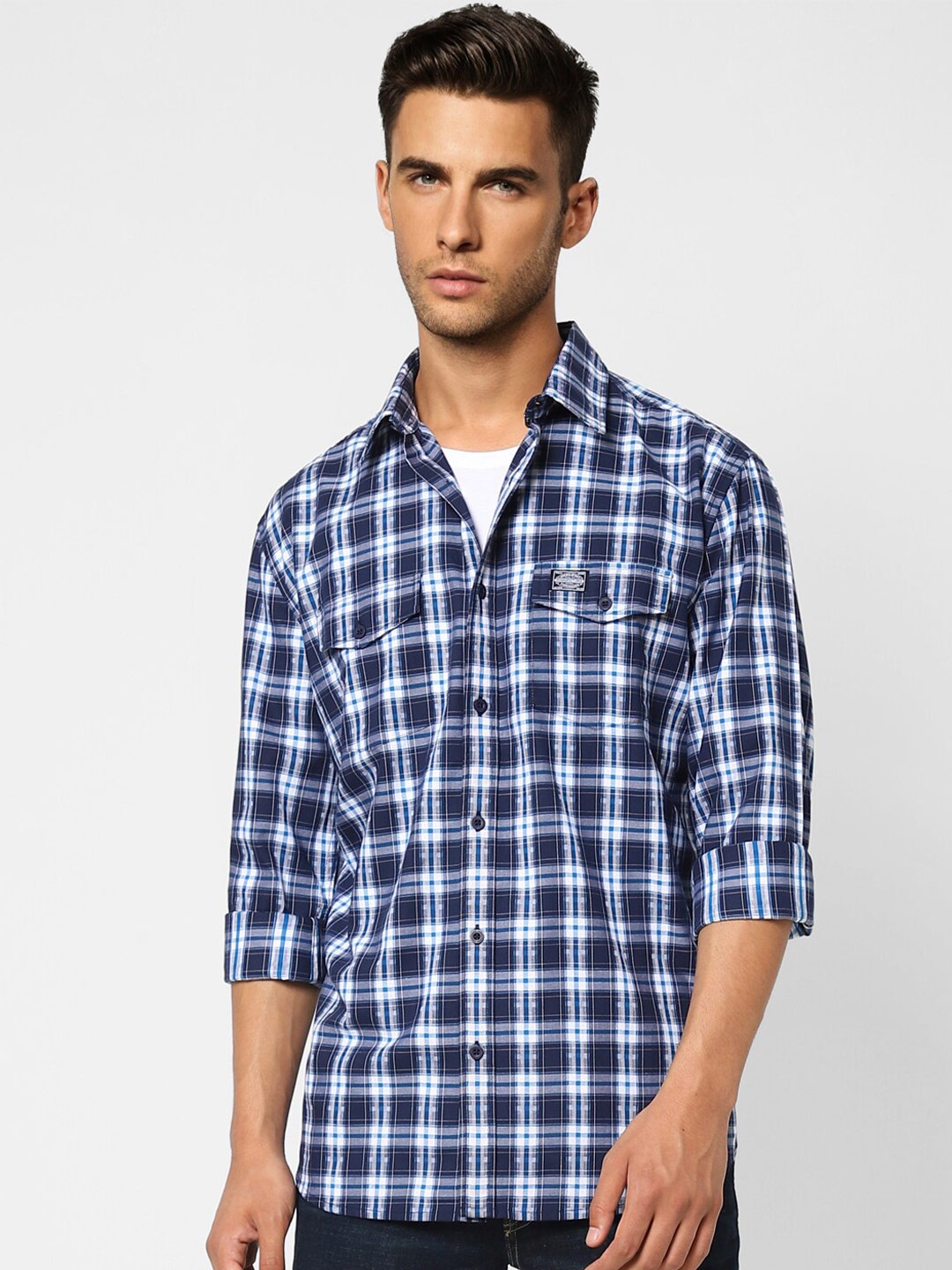 

Jack & Jones Men Checked Cotton Casual Shirt, Navy blue