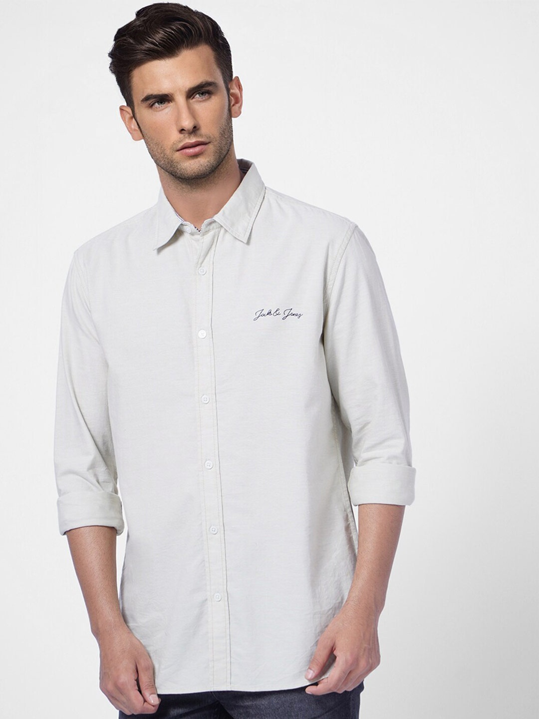 

Jack & Jones Men Spread Collar Casual Cotton Shirt, Off white