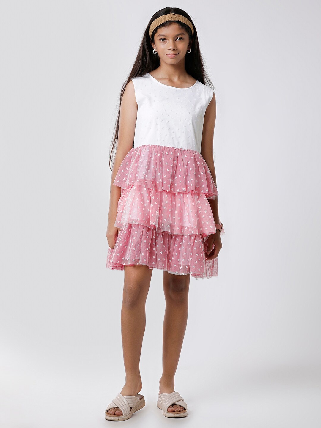 

KATE & OSCAR Girls Round Neck Printed A-Line Dress, Pink