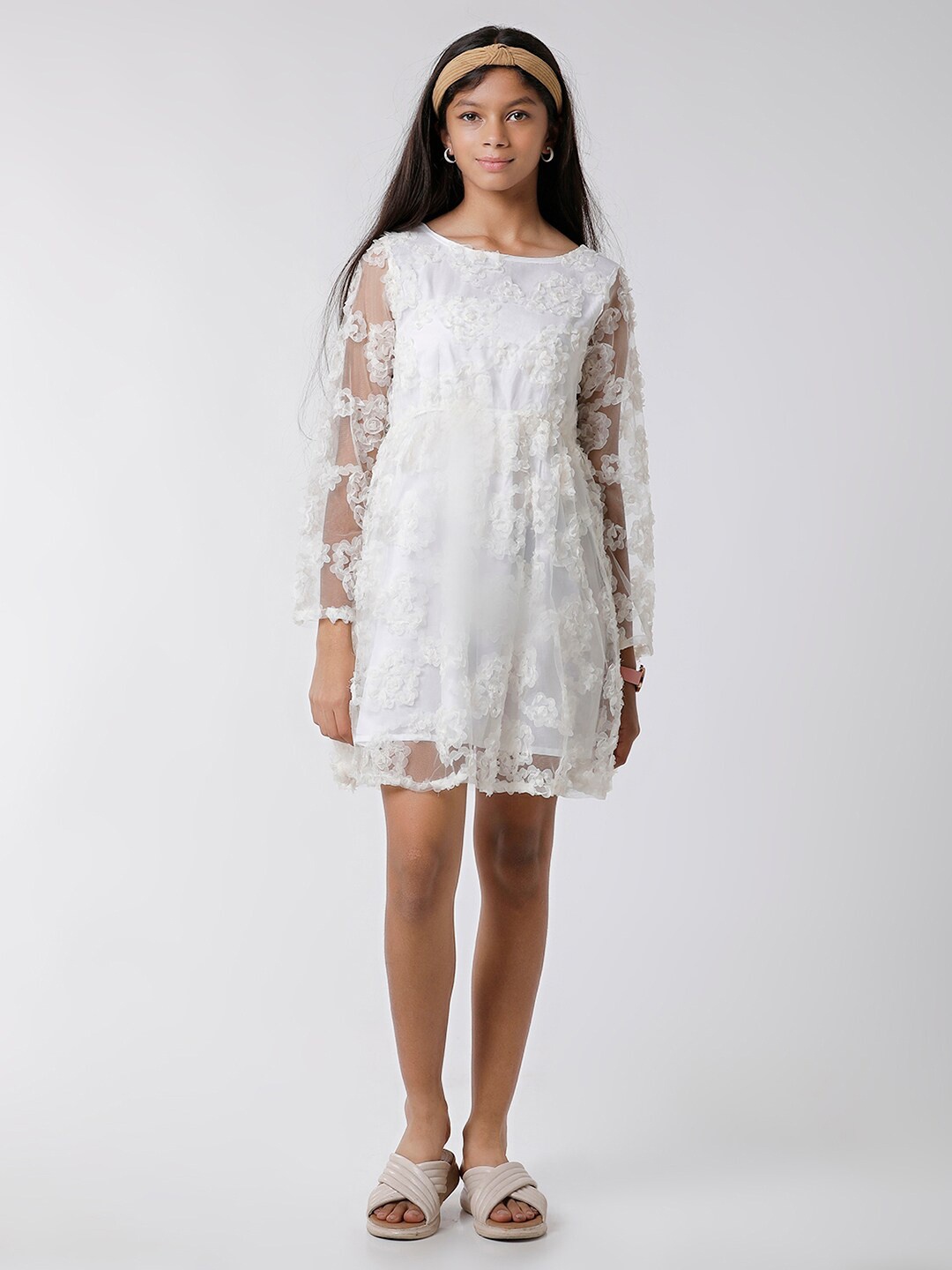 

KATE & OSCAR Girls Round Neck Self Design A-Line Dress, Off white