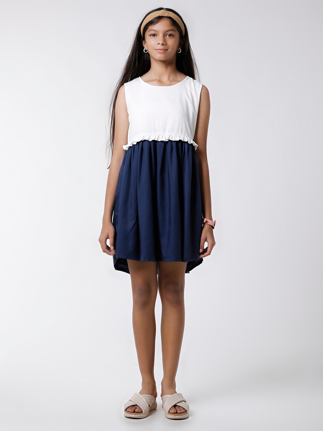 

KATE & OSCAR Girls Round Neck Colourblocked A-Line Dress, Navy blue