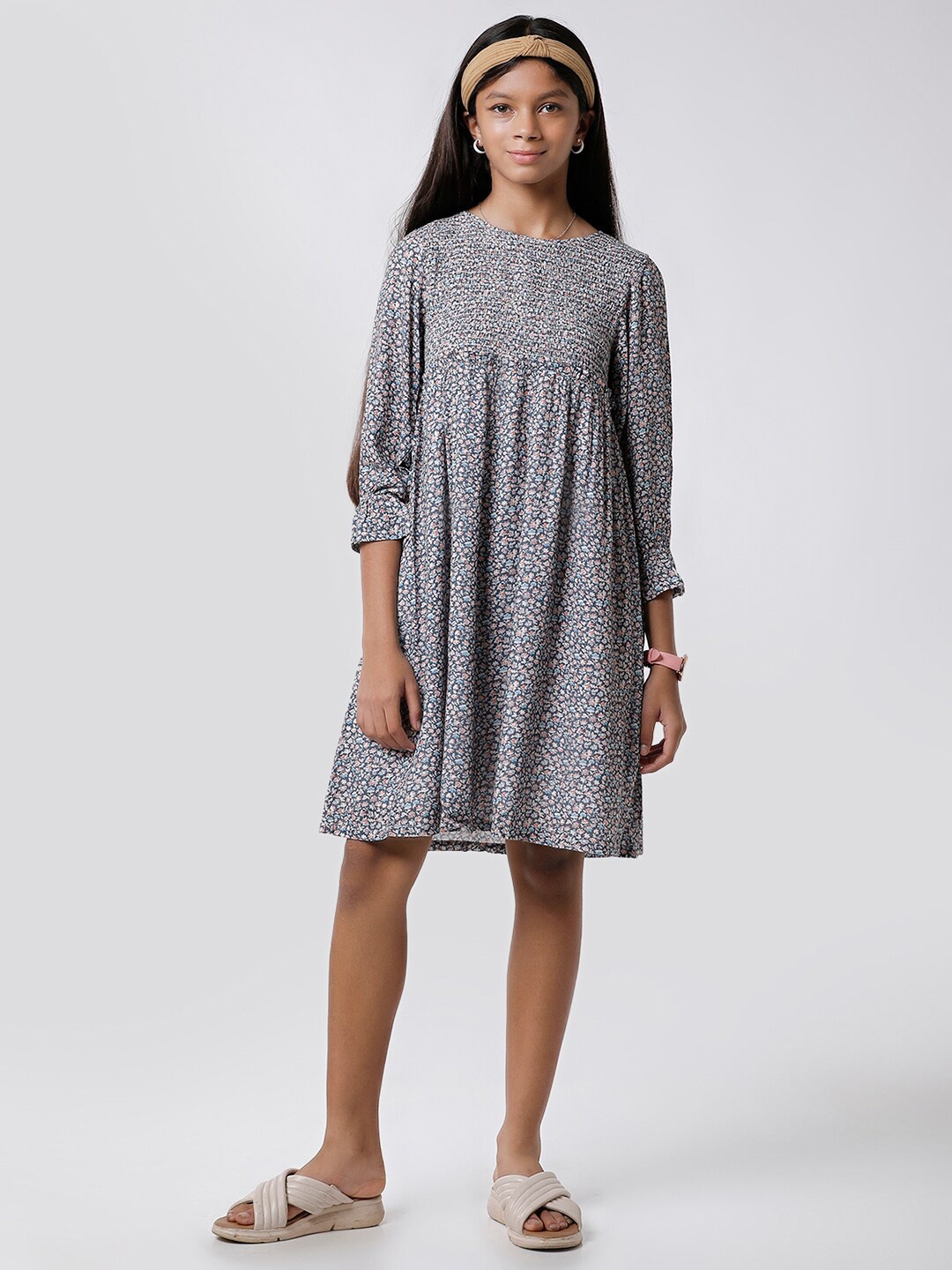 

KATE & OSCAR Girls Floral Printed A-Line Cotton Dress, Grey