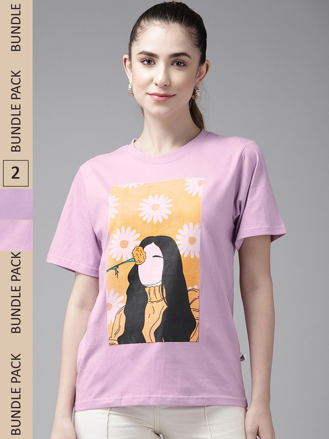 

The Dry State Women Pack Of 2 Printed Loose Cotton T-shirt, Lavender