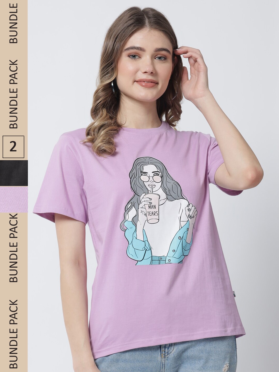 

The Dry State Women Pack of 2 Graphic Printed Loose Cotton T-shirt, Lavender