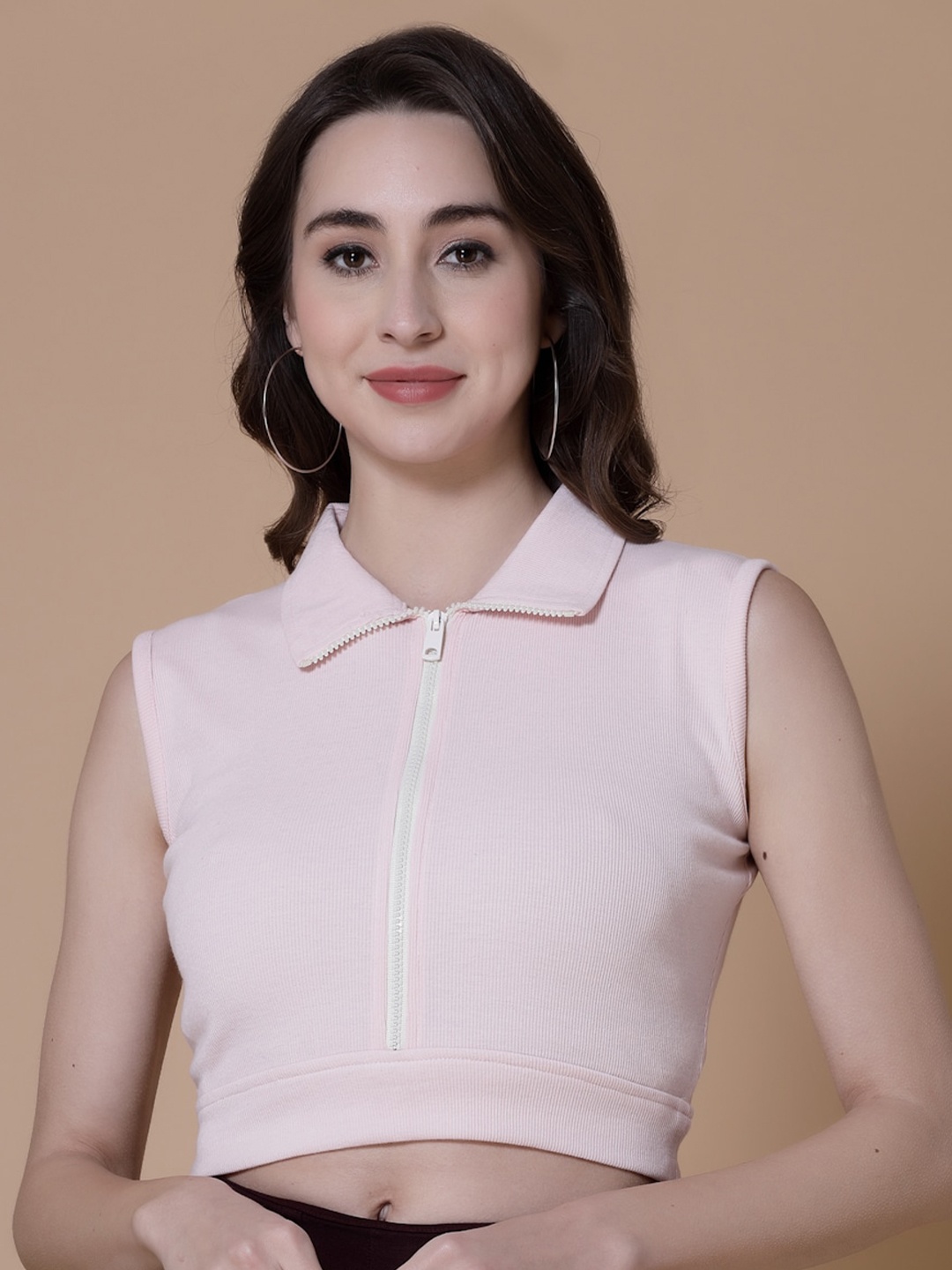 

HILL STREET Shirt Collar Sleeveless Pure Cotton Crop Top, Pink