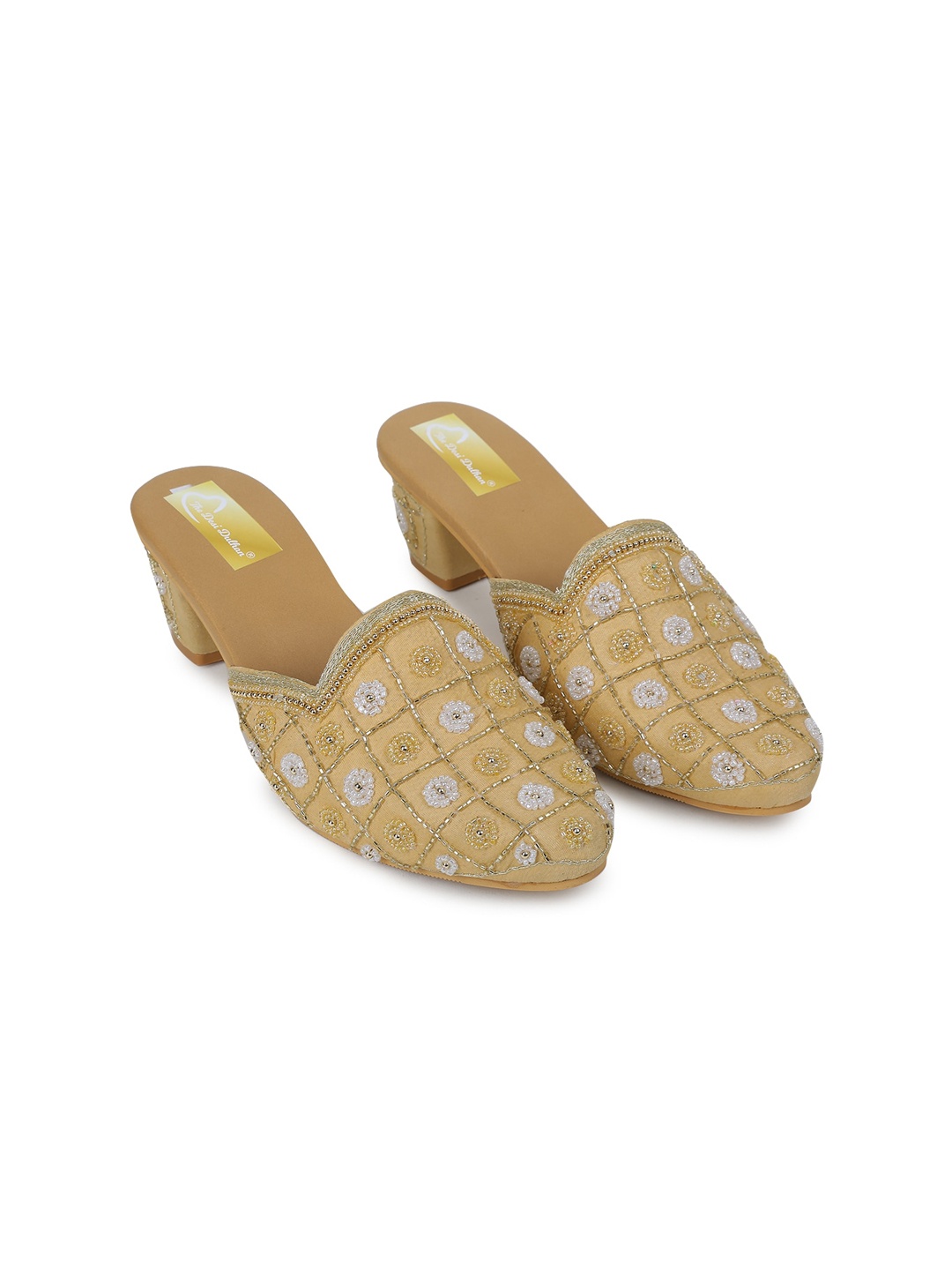 

The Desi Dulhan Ethnic Embellished Block Mules, Gold