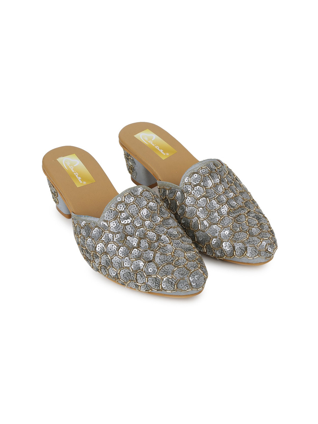 

The Desi Dulhan Ethnic Embellished Block Mules, Grey