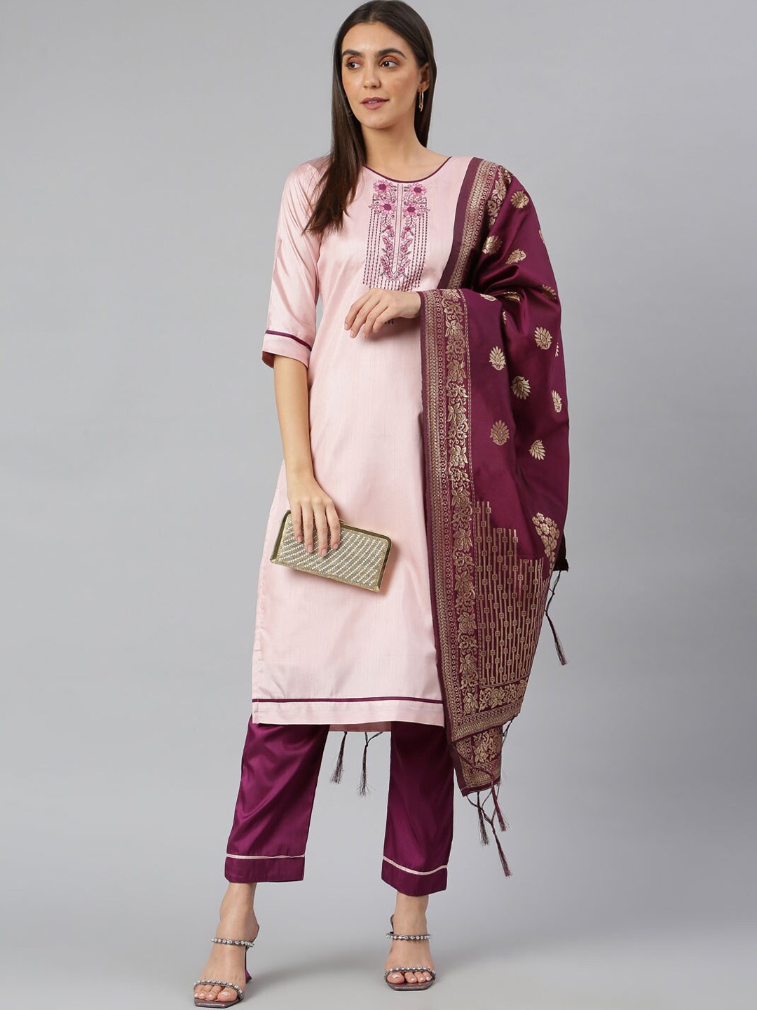 

Lilots Women Embroidered Thread Work Kurta with Trousers & Dupatta, Pink