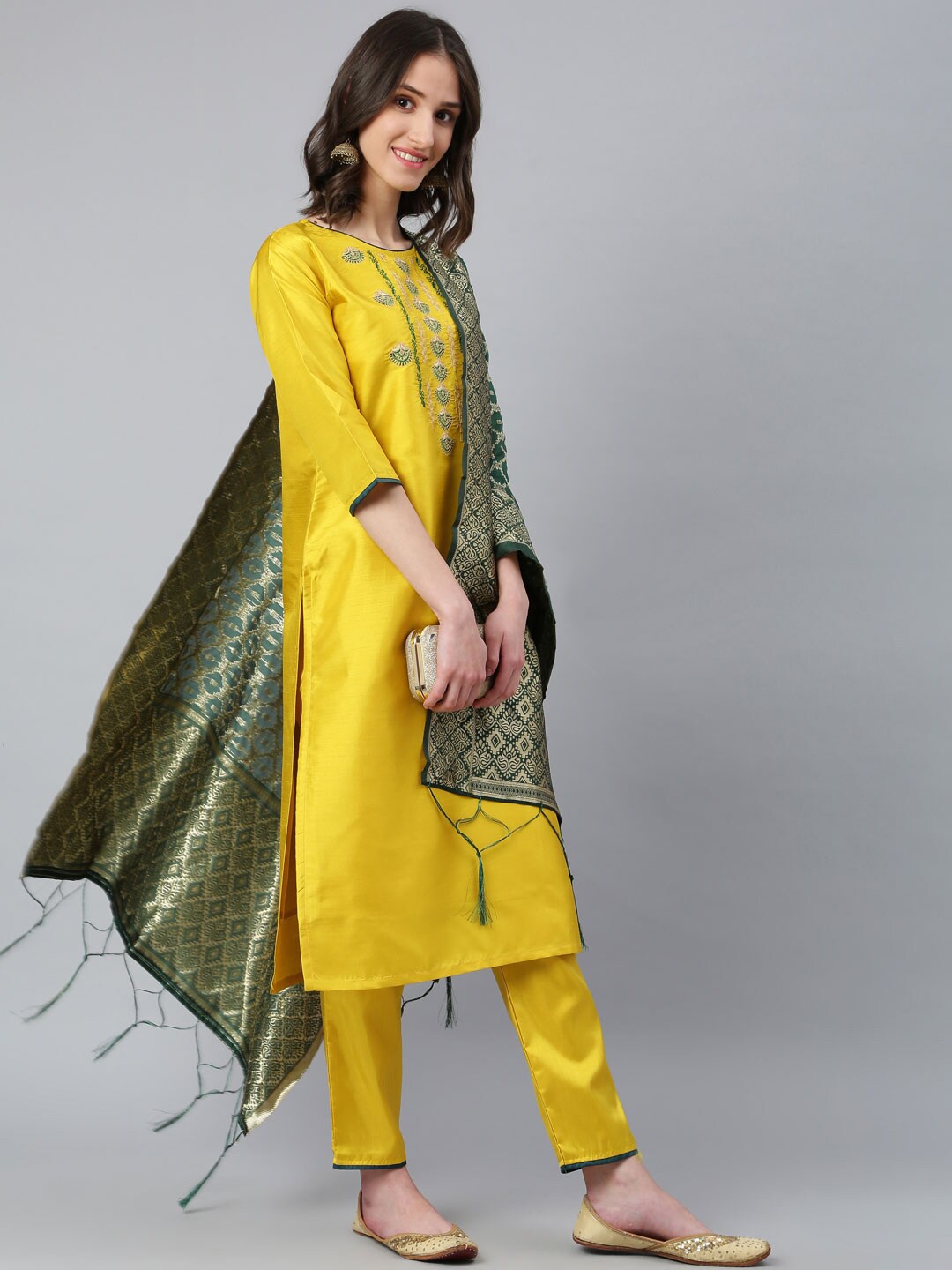 

Lilots Women Yellow Embroidered Kurta with Trousers & Dupatta