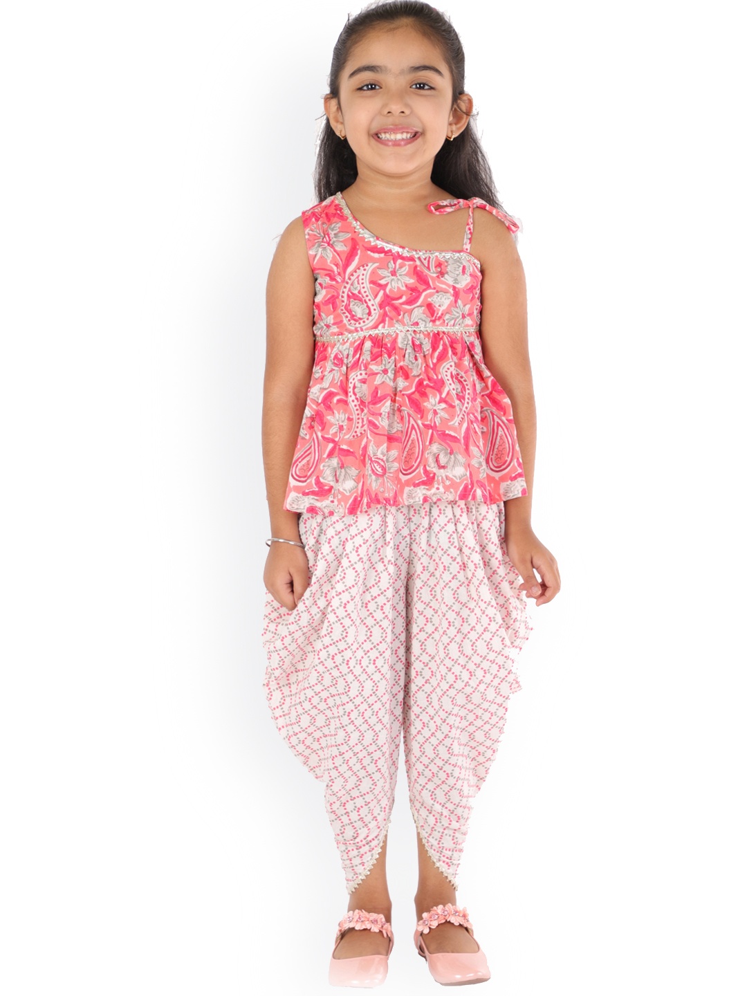 

ahhaaaa Girls Floral Printed Pure Cotton Top With Dhoti Pants, Pink