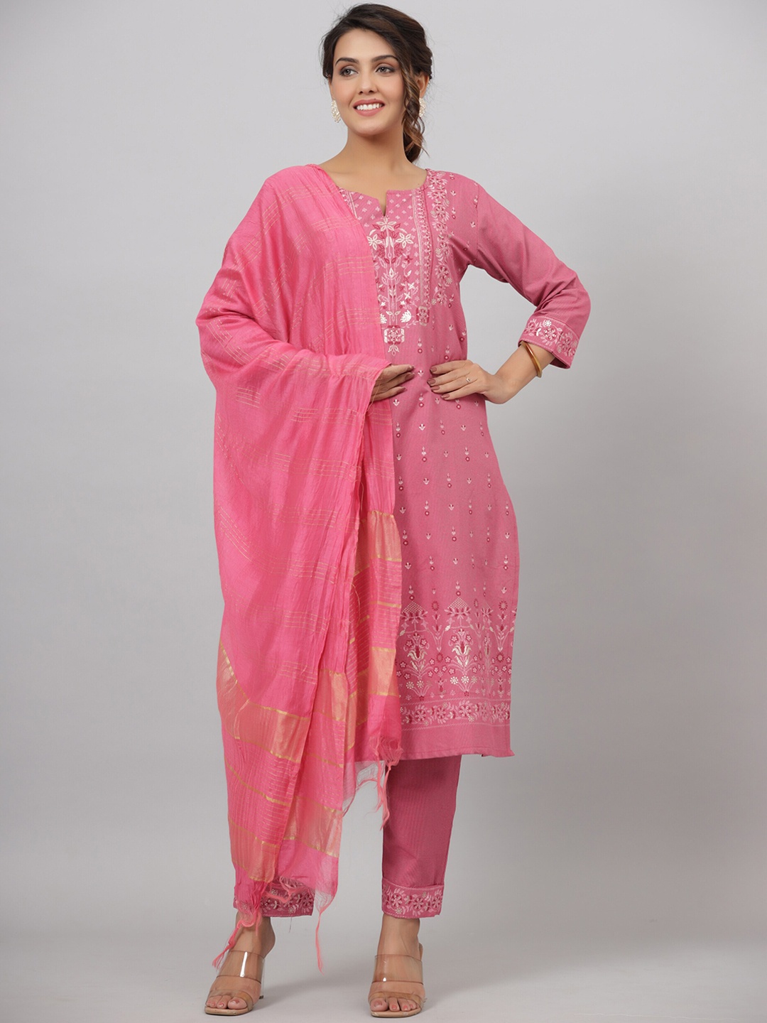 

Juniper Women Floral Printed Pure Cotton Kurta with Trousers & Dupatta, Pink
